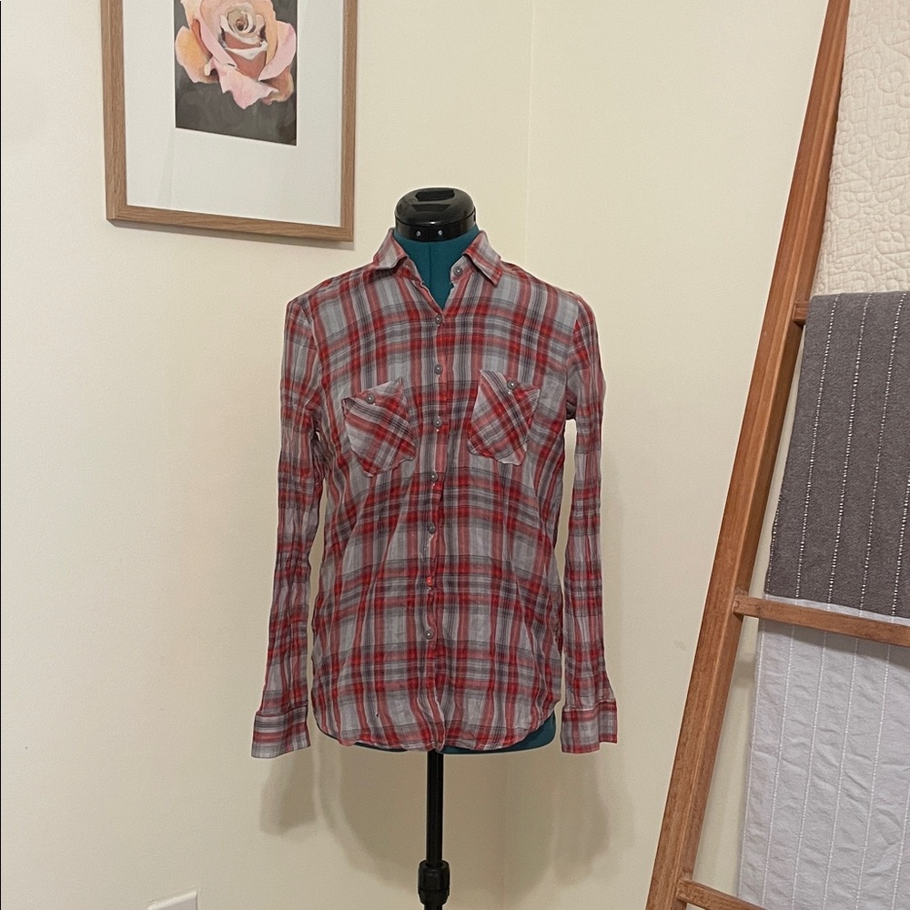 BCBGeneration XS Plaid Button Down Top